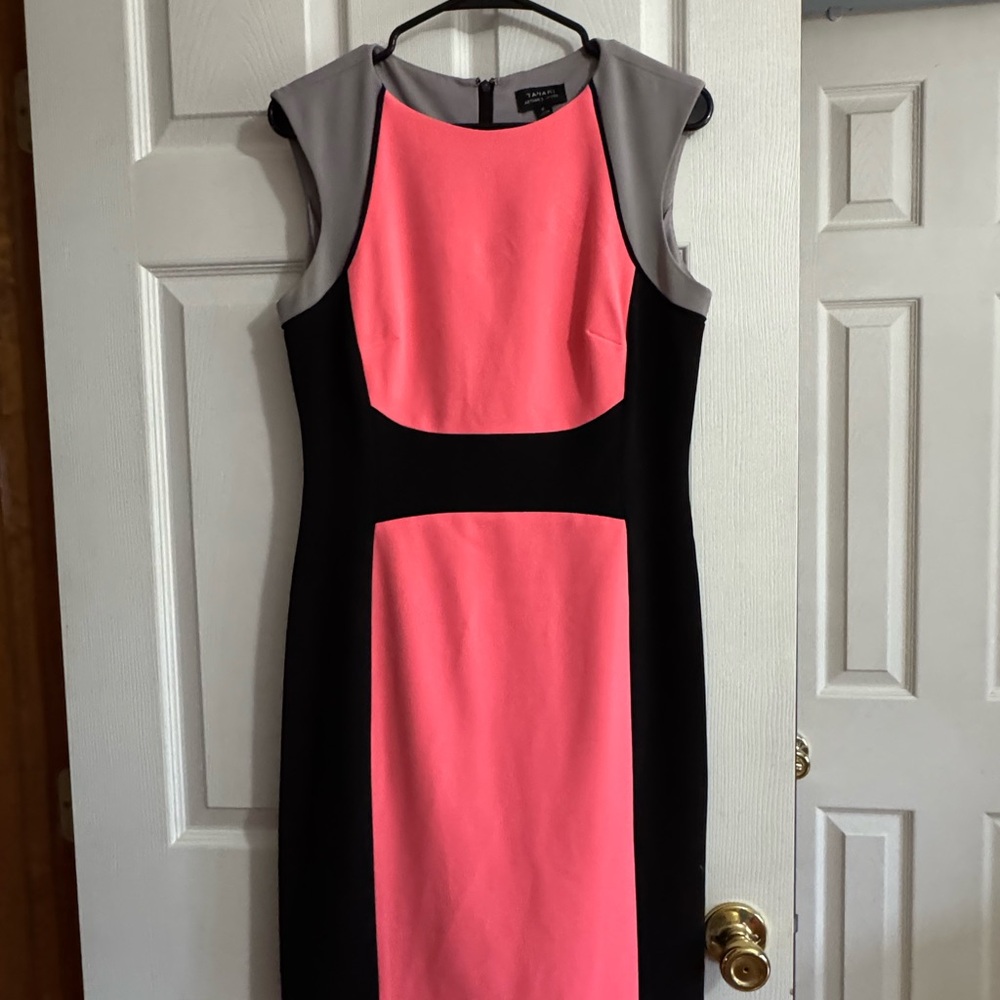 Tahari Colorblock Pink, Black & Gray Midi Sheath Dress